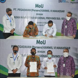 JALIN SINERGITAS DALAM P4GN, BNNP SULSEL DAN PT. PEGADAIAN (PERSERO) KANWIL VI MAKASSAR MAKASSAR TEKEN MoU