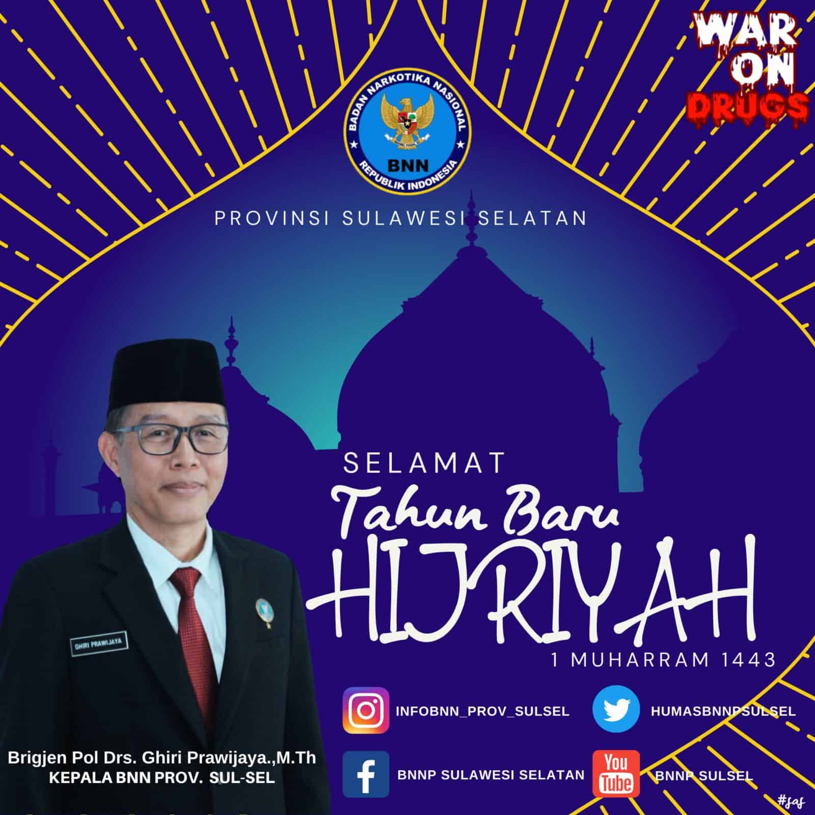 KEPALA BNNP SULSEL MENGUCAPKAN SELAMAT TAHUN BARU ISLAM 1443 HIJRIYAH instagram post ucapan isra mikraj elegan siluet masjid biru emas 3