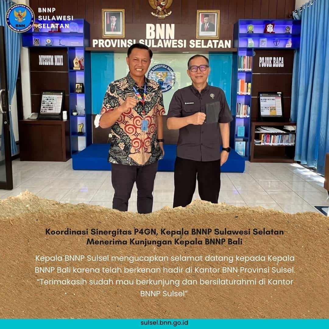 Koordinasi Sinergitas P4GN, Kepala BNNP Sulawesi Selatan Menerima Kunjungan Kepala BNNP Bali Koordinasi Sinergitas P4GN, Kepala BNNP Sulawesi Selatan Menerima Kunjungan Kepala BNNP Bali.