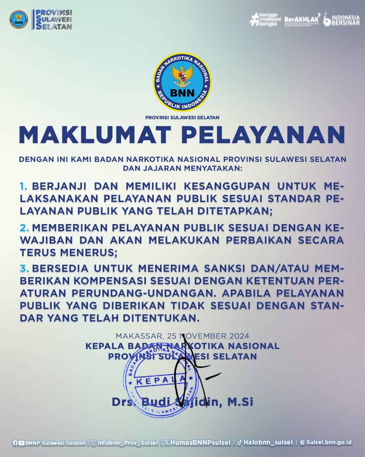 Maklumat Pelayanan Badan Narkotika Nasional Provinsi Sulawesi Selatan